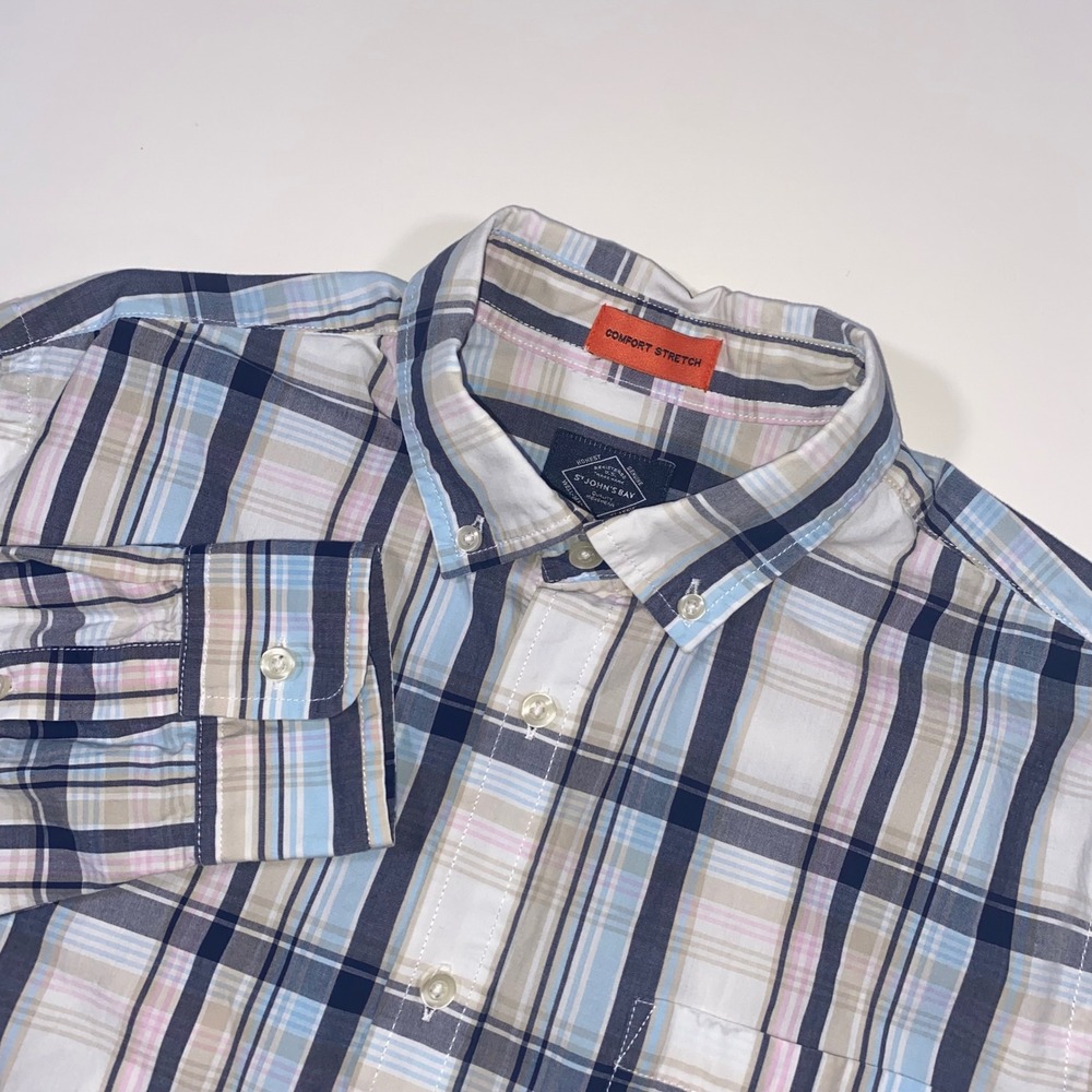 St Johns Bay Mens Plaid Button Down Shirt Comfort Stretch‎ Blue Pink Tan Size M